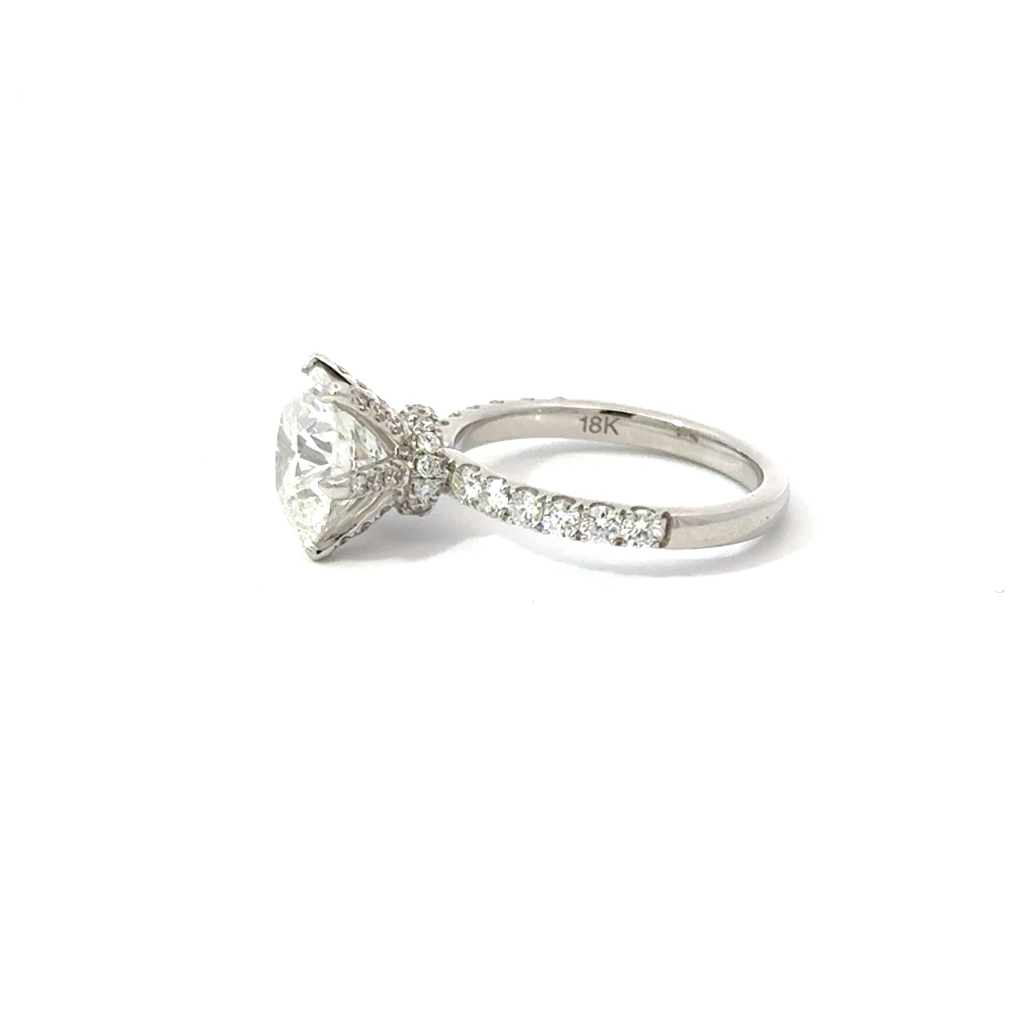 Round 3.04 E VS1 IDEXEX IGI | 18k White Gold + Full Prong + Wrap Around Halo + 50% Pave Setting