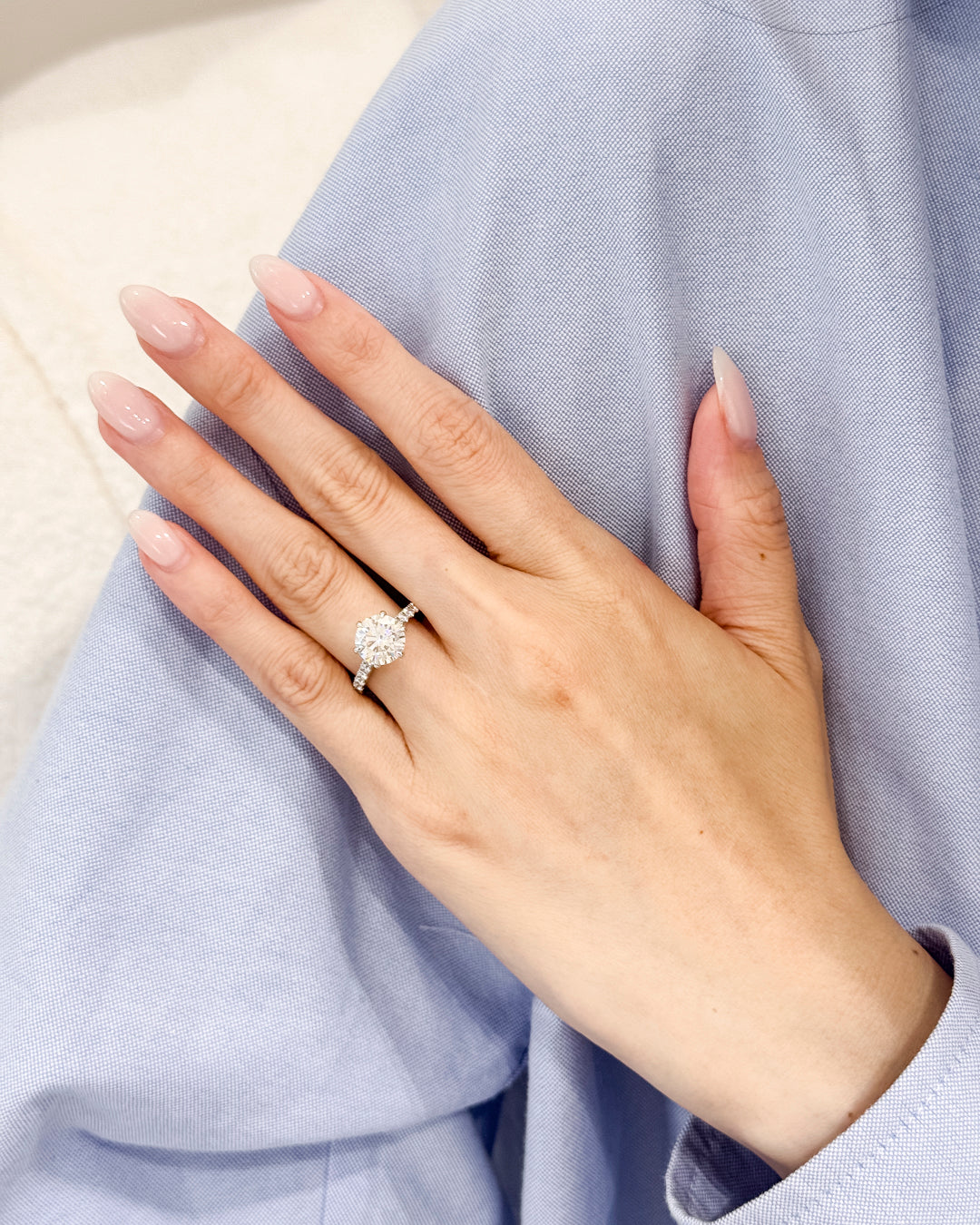 Round 2.64 D VVS1 IDEXEX IGI | 18k White Gold + Cathedral 6 prong + Hidden Halo Setting + 50% Pave