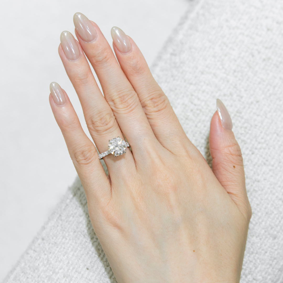 Round 3.04 E VS1 IDEXEX IGI | 18k White Gold + Full Prong + Wrap Around Halo + 50% Pave Setting